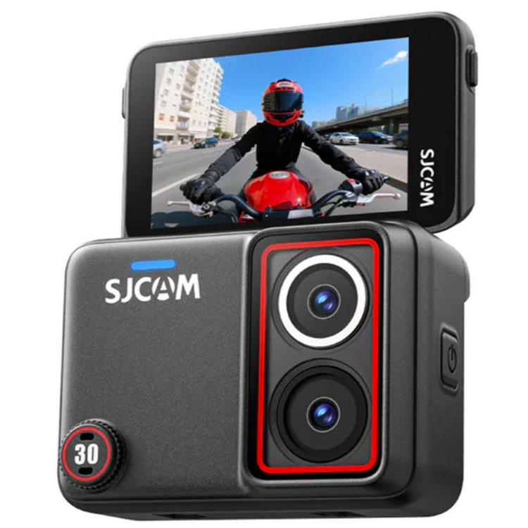 SJCAM akcijska kamera v črni barvi, prikazana z dvema objektivoma za 360° snemanje in preklopnim zaslonom za pregled posnetkov.