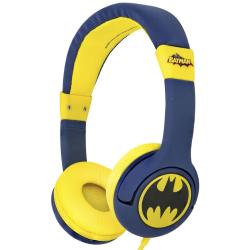 Otroške žične slušalke Batman v modro-rumeni barvni kombinaciji z velikim logotipom Batman na ušesnih školjkah.