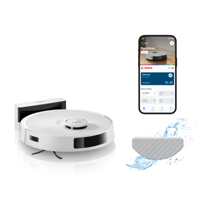 Robot sesalnik z polnilno postajo, prikaz mobilne aplikacije in krpa za mokro čiščenje