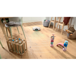 Robot sesalnik med navigacijo med ovirami na tleh, prikaz zaznavanja prostora