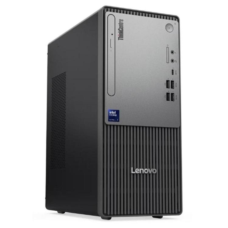 Lenovo ThinkCentre Neo 50t – stolpni računalnik, sprednja stran z USB priključki, rešetkasta maska, Intel oznaka.