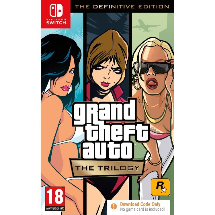Grand Theft Auto: The Trilogy – The Definitive Edition za Nintendo Switch, uradna naslovnica zbirke GTA III, Vice City in San Andreas.