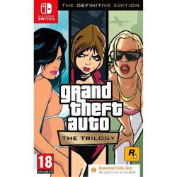 Grand Theft Auto: The Trilogy – The Definitive Edition za Nintendo Switch, uradna naslovnica zbirke GTA III, Vice City in San Andreas.