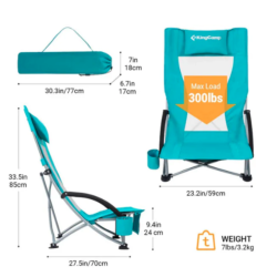 Dimenzije in nosilnost nizkega kamping stola KingCamp, lahek in prenosen z nosilnostjo do 300 lb.