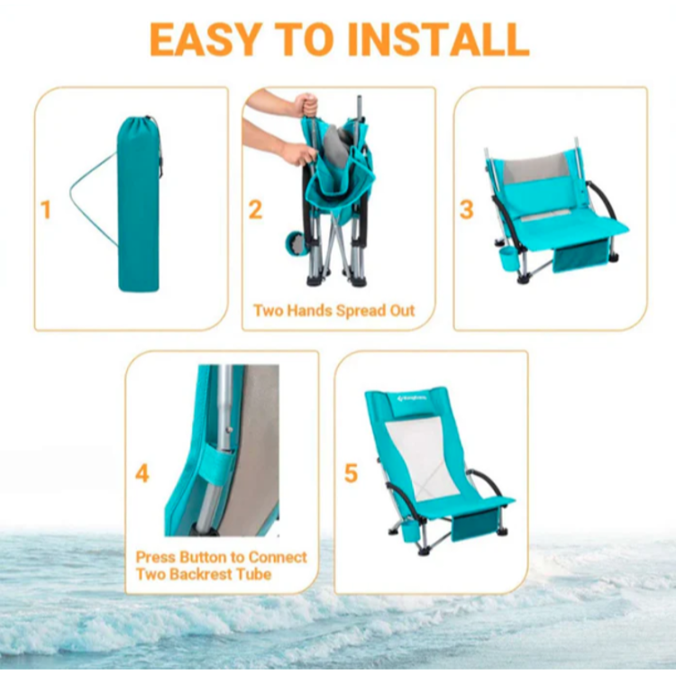 Enostavna in hitra postavitev nizkega kamping stola KingCamp v več korakih.