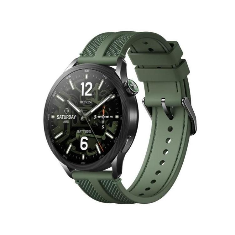 Xiaomi Watch S5 46, zelena pametna ura s temnim ohišjem, okroglim zaslonom in zelenim silikonskim paščkom.
