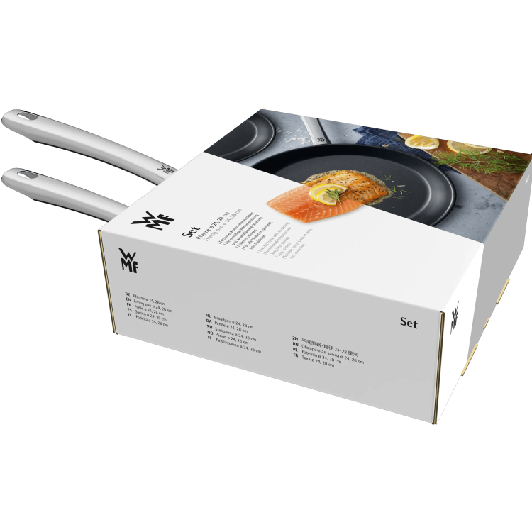 Embalaža WMF seta ponev (24 in 28 cm) z prikazom priprave hrane