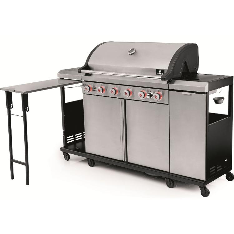 Velik plinski žar Landmann z več gorilniki, stranskima poličkama in spodnjo omarico na kolesih.