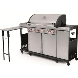 Velik plinski žar Landmann z več gorilniki, stranskima poličkama in spodnjo omarico na kolesih.