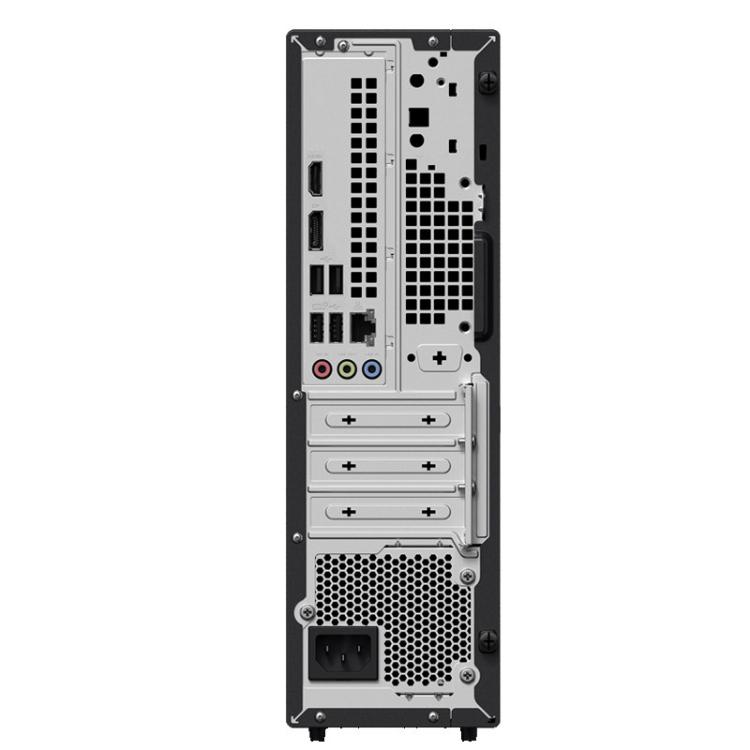 Zadnja stran istega modela ASUS ExpertCenter D5 SFF D500SC z bogatim naborom priključkov: HDMI, DisplayPort, USB, LAN, avdio vhodi/izhodi, razširitvene reže in napajalni priključek.