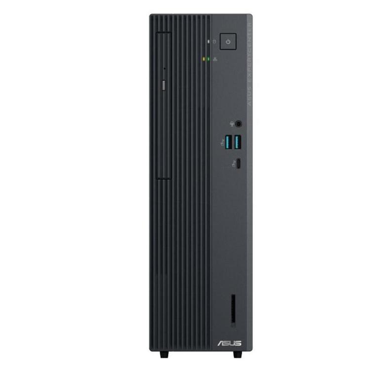 Namizni računalnik ASUS ExpertCenter D5 SFF (model D500SC), črno kompaktno ohišje. Spredaj navpične reže za prezračevanje, gumb za vklop, LED indikatorji, USB-A in USB‑C priključki, avdio izhod ter optična reža.