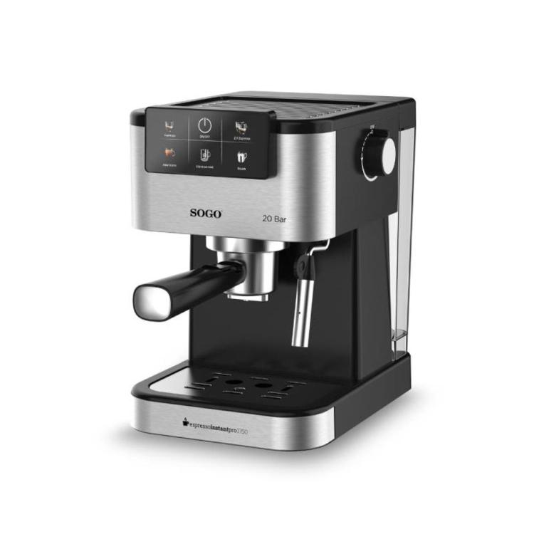 SOGO espresso kavni aparat v srebrno-črni barvi, prikazan s sprednje strani s parno šobo in upravljalno ploščo.