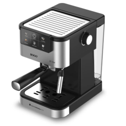 SOGO espresso kavni aparat v srebrno-črni barvi, prikazan pod kotom s parno šobo, držalom za kavo in odstranljivim rezervoarjem za vodo.