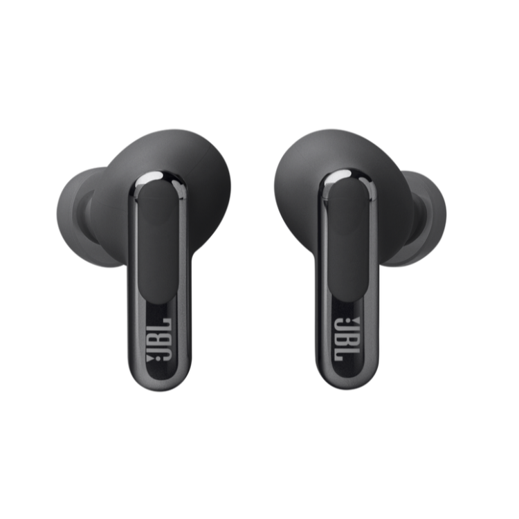 Brezžične ušesne slušalke črne barve, pogled od spredaj