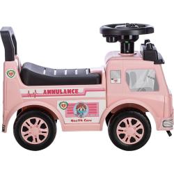 Rožnat otroški poganjalec reševalno vozilo, stranski pogled z grafiko in napisom