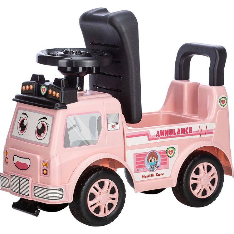 Rožnat otroški poganjalec reševalno vozilo z naslonjalom za hrbet, pogled od zadaj