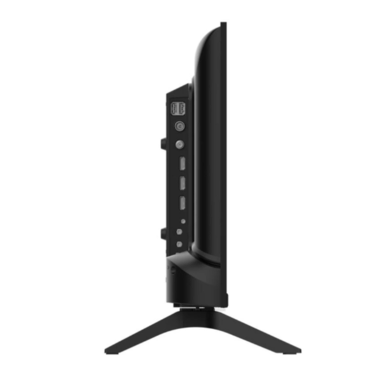 Stranski pogled na televizor Tesla z vidnimi priključki in črnim stojalom.