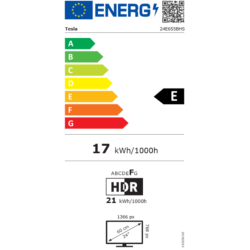 Energetska nalepka televizorja Tesla z razredom E in prikazanimi dimenzijami.