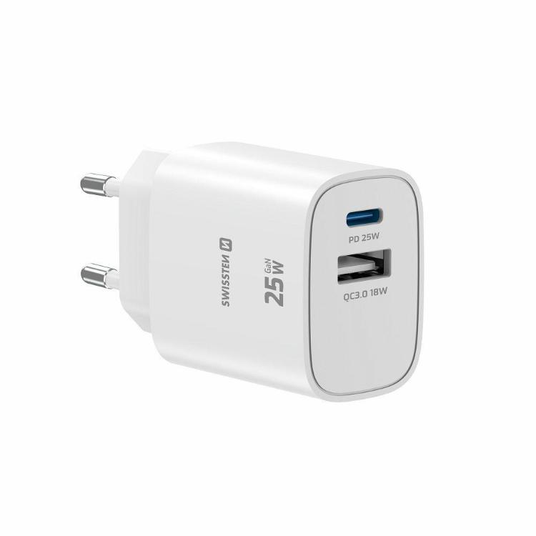 Hitri stenski polnilnik Swissten Edge GaN 25 W v elegantni beli izvedbi z USB‑C Power Delivery izhodom 25 W in USB‑A Quick Charge 3.0 izhodom 18 W omogoča hitro ter učinkovito polnjenje pametnih telefonov, tablic in drugih združljivih naprav.