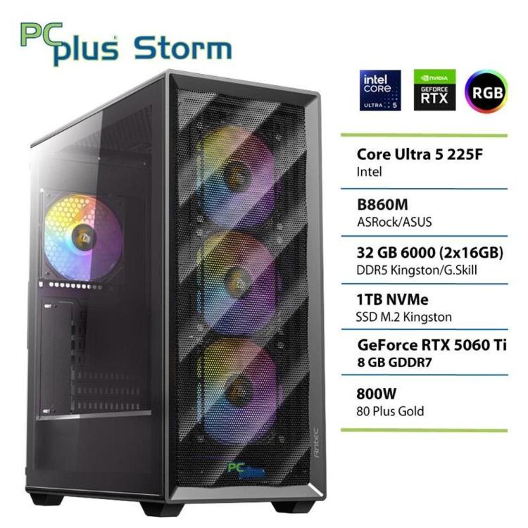 Gaming namizni računalnik PC Plus Storm v RGB ohišju s stekleno stranico, opremljen s procesorjem Intel Core Ultra 5 225F, grafično kartico GeForce RTX 5060 Ti, 32 GB DDR5 pomnilnika in 1 TB NVMe SSD.