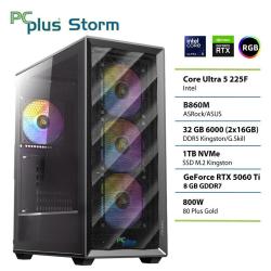 Gaming namizni računalnik PC Plus Storm v RGB ohišju s stekleno stranico, opremljen s procesorjem Intel Core Ultra 5 225F, grafično kartico GeForce RTX 5060 Ti, 32 GB DDR5 pomnilnika in 1 TB NVMe SSD.