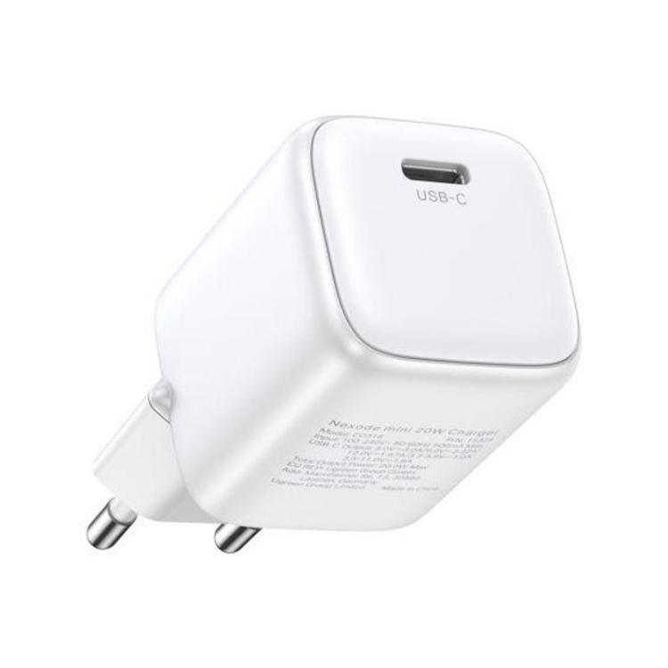 Prikaz kompaktnega USB-C GaN polnilnika z evropskim vtičem in močjo do 20 W.