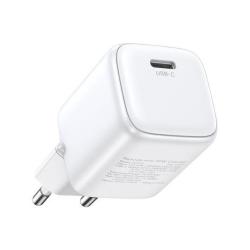 Prikaz kompaktnega USB-C GaN polnilnika z evropskim vtičem in močjo do 20 W.