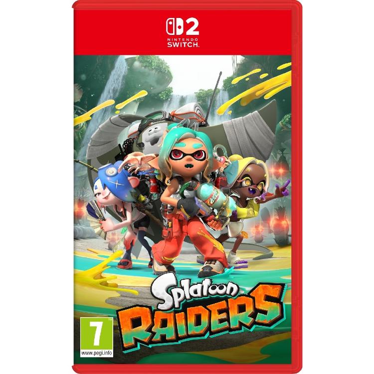 Igra Splatoon Raiders za Nintendo Switch 2 v fizični embalaži, z barvitimi liki Inklingov na pustolovski odpravi in oznako PEGI 7.