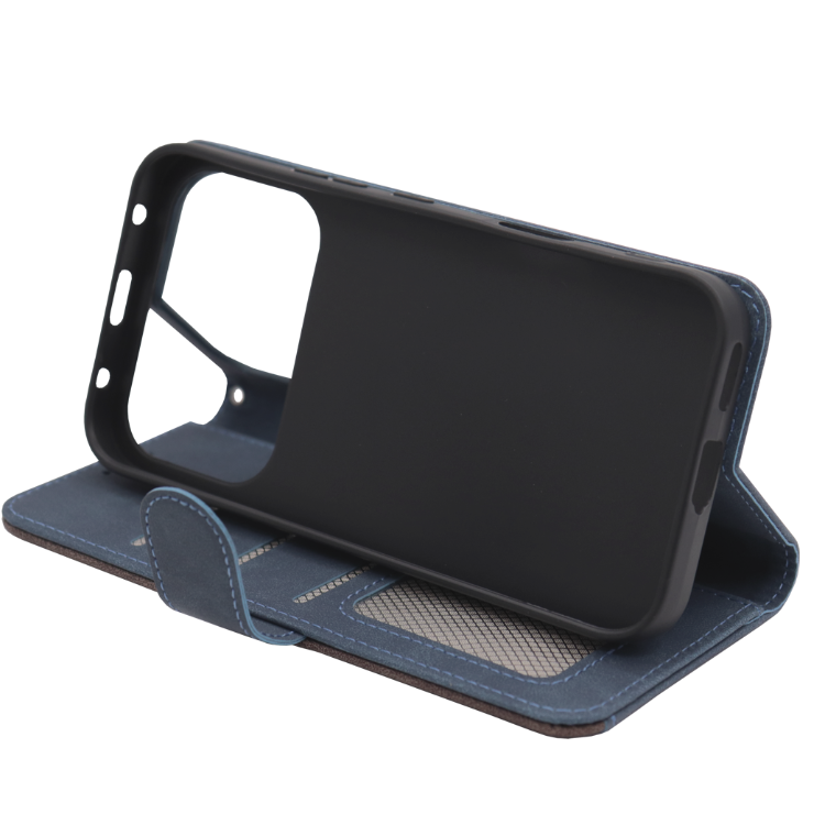 Modra preklopna torbica za Honor 600 Pro z magnetnim zapiranjem, notranjim TPU ohišjem, režami za kartice in funkcijo stojala nudi celovito zaščito in praktično uporabo.