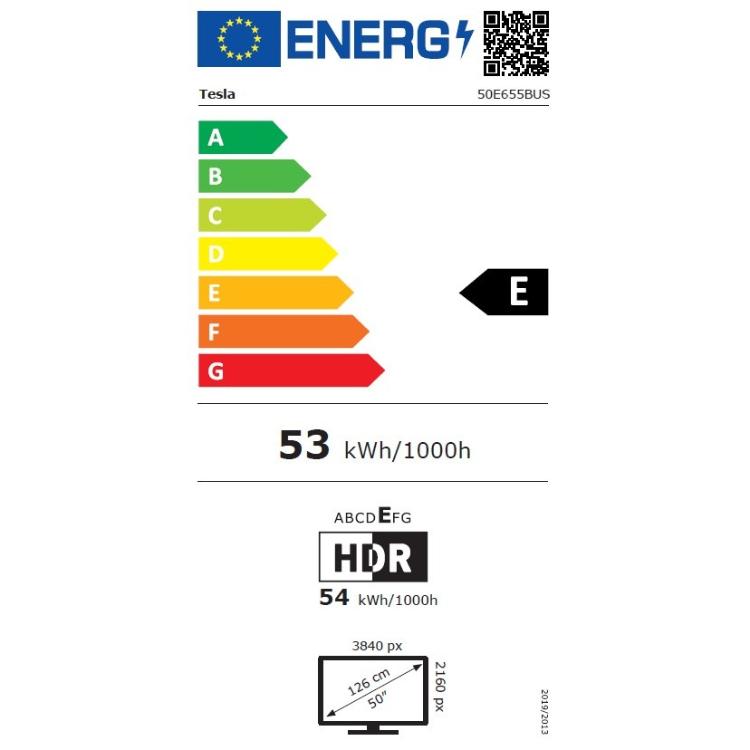 Tesla energijska nalepka: razred E, poraba 53 kWh/1000h, HDR 54 kWh/1000h, 50" 4K TV.