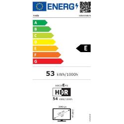 Tesla energijska nalepka: razred E, poraba 53 kWh/1000h, HDR 54 kWh/1000h, 50" 4K TV.