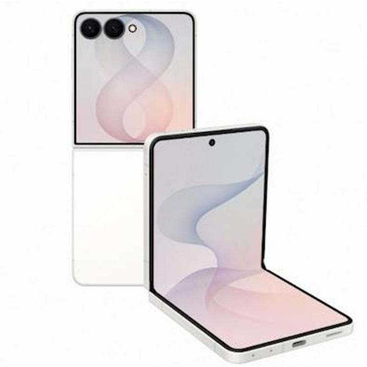 Zložljiv pametni telefon Galaxy Z Flip združuje velik notranji zaslon, kompakten dizajn in eleganten videz v kremni barvi.