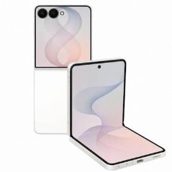 Zložljiv pametni telefon Galaxy Z Flip združuje velik notranji zaslon, kompakten dizajn in eleganten videz v kremni barvi.