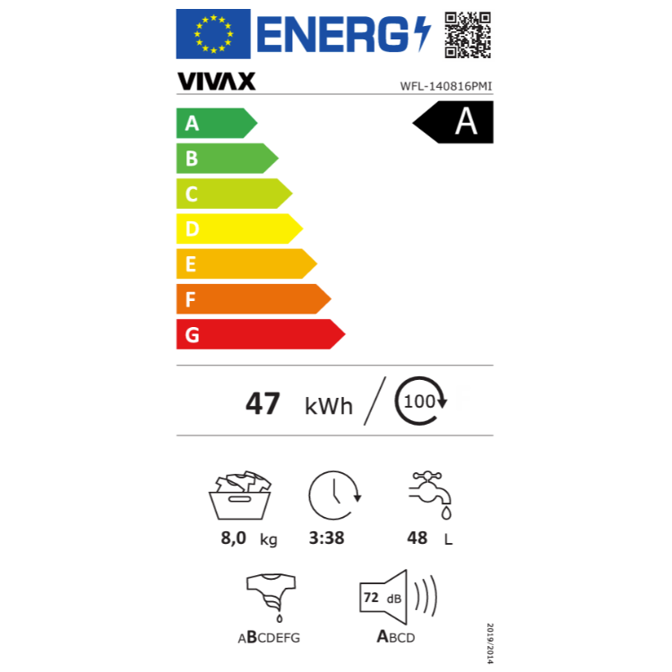 Energijska nalepka za pralni stroj Vivax WFL‑140816PMI z energijskim razredom A, porabo 47 kWh na 100 ciklov, zmogljivostjo 8 kg, porabo 48 L vode na cikel in glasnostjo 72 dB pri ožemanju.