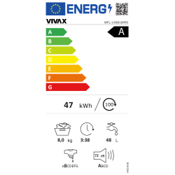 Energijska nalepka za pralni stroj Vivax WFL‑140816PMI z energijskim razredom A, porabo 47 kWh na 100 ciklov, zmogljivostjo 8 kg, porabo 48 L vode na cikel in glasnostjo 72 dB pri ožemanju.