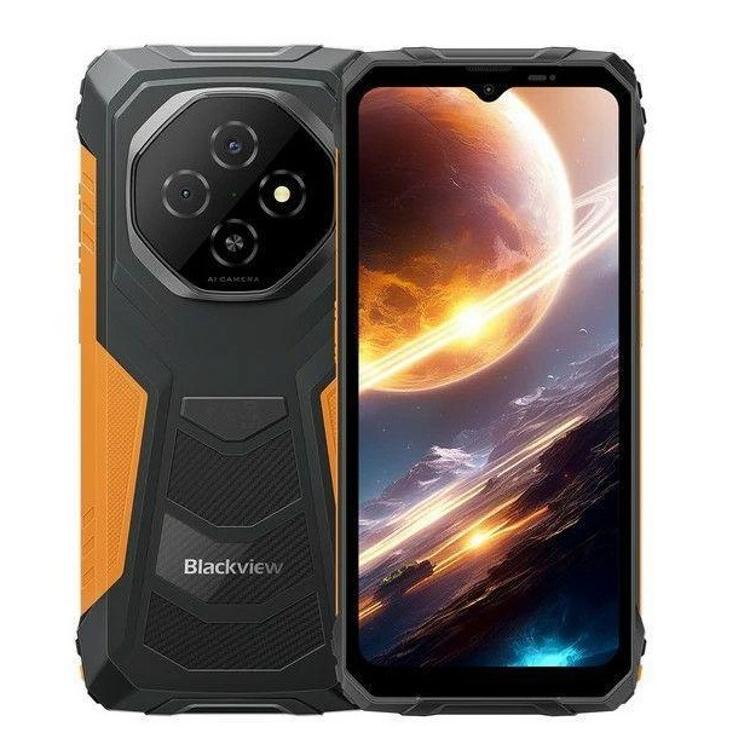 Blackview FORT 1: spredaj in zadaj robusten telefon v črno-oranžni izvedbi z velikim zaslonom in trojno kamero.