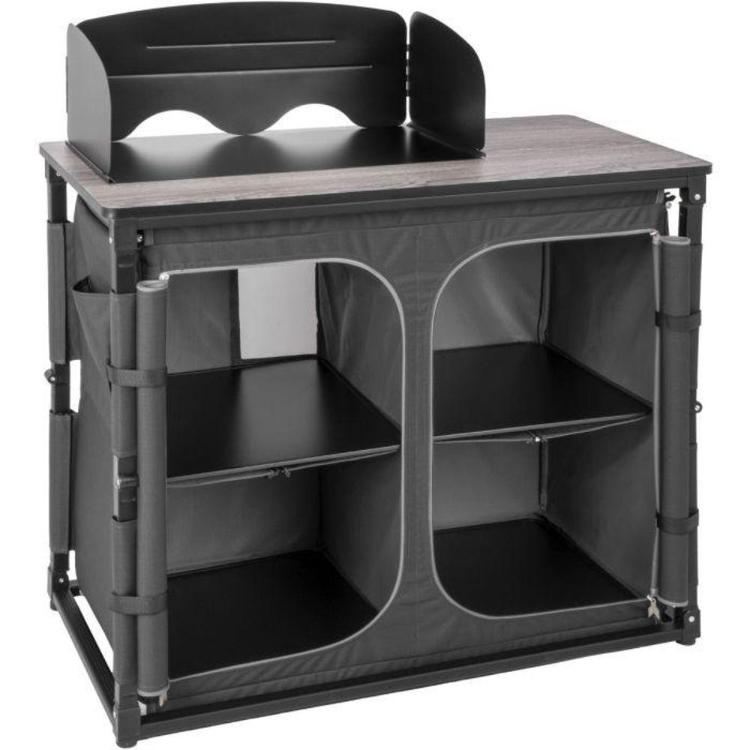 Sprednji pogled na Brunner zložljivo omarico za kampiranje z dvojnimi policami.