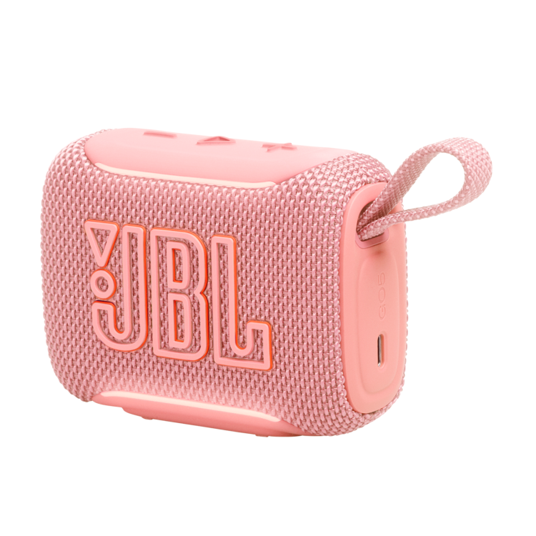JBL GO5 roza prenosni zvočnik z velikim logotipom, tekstilnim ohišjem in zanko
