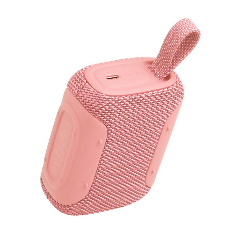 JBL GO5 roza zvočnik od zgoraj z USB‑C vhodom in tkanim trakom
