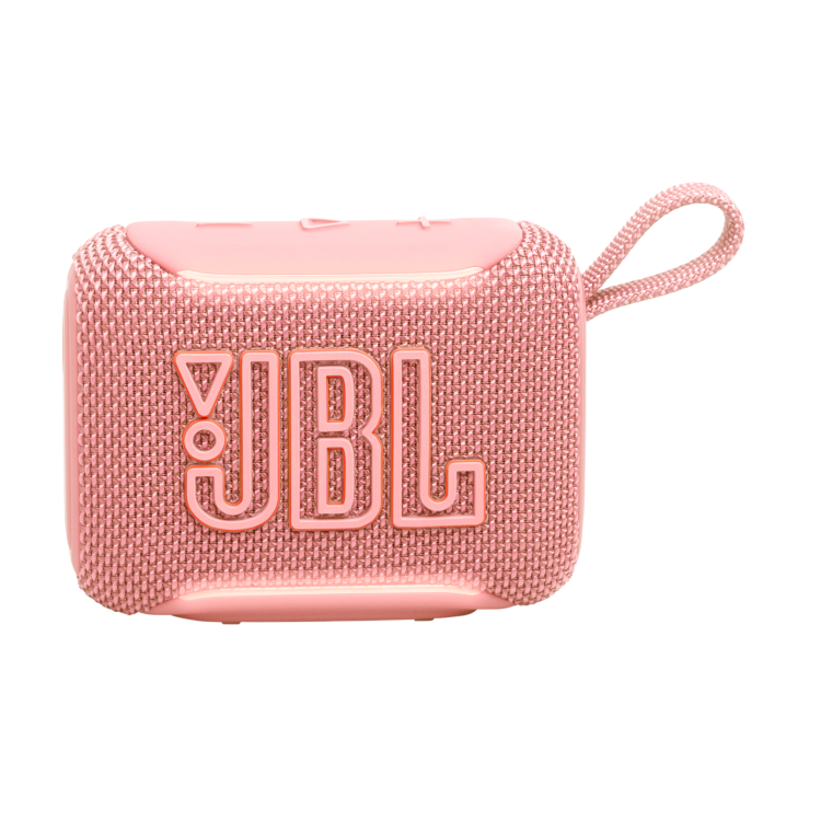 JBL GO5 roza kompakten zvočnik spredaj z velikim logotipom in tekstilno mrežo