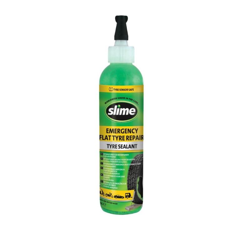 Embalaža Slime Emergency Flat Tyre Repair – tesnilna tekočina za začasno popravilo predrte pnevmatike.