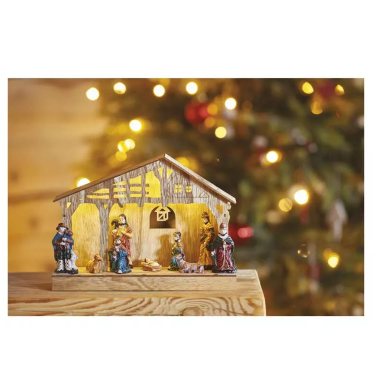 LED božične jaslice lesene, 19 cm, 3x AA, notranje, topla bela, časovnik_5