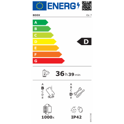 EU energijska nalepka: BOOX Go 7, razred D, 36 h 39 min, IP42, vzdržljivost 1000 ciklov.