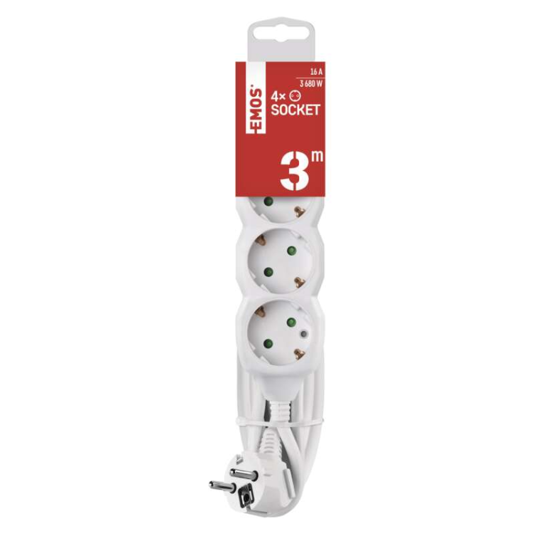 Podaljšek Emos 3 m / 4 vtičnice / beli / PVC / 1,5 mm2