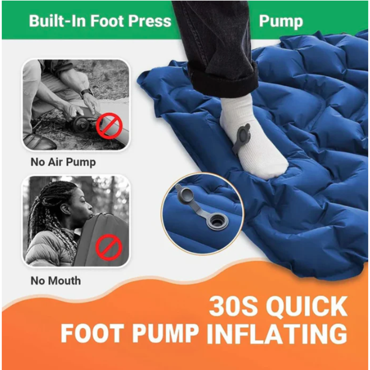 Vgrajena nožna pumpa napihljive kamping blazine, hitro napihovanje brez uporabe ust ali ročne pumpe.