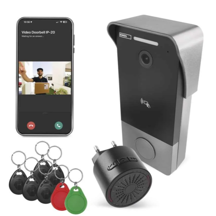 GoSmart video zvonec IP-20PoE z RFID čitalnikom, notranjim zvoncem, RFID obeski in video klicem v aplikaciji.