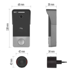 GoSmart video zvonec IP-20PoE z merami 138×68×38 mm; prikazane dimenzije zvonca in notranjega zvonca.