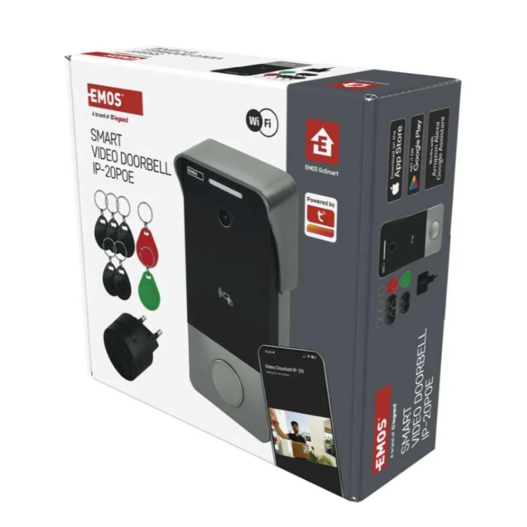GoSmart video zvonec IP-20PoE v prodajni embalaži z RFID obeski, notranjim zvoncem in podporo Wi‑Fi.