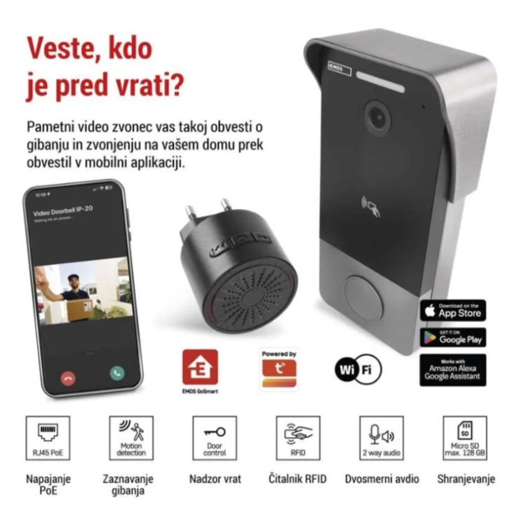 GoSmart video zvonec IP-20PoE; zaznavanje gibanja, RFID dostop, dvosmerni zvok in shranjevanje na microSD.