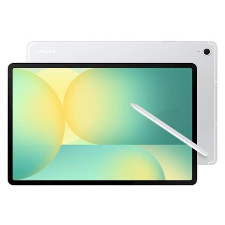 Samsung Galaxy Tab S10 FE SM-X620 srebrne barve s pisalom S Pen, pogled spredaj in zadaj.
